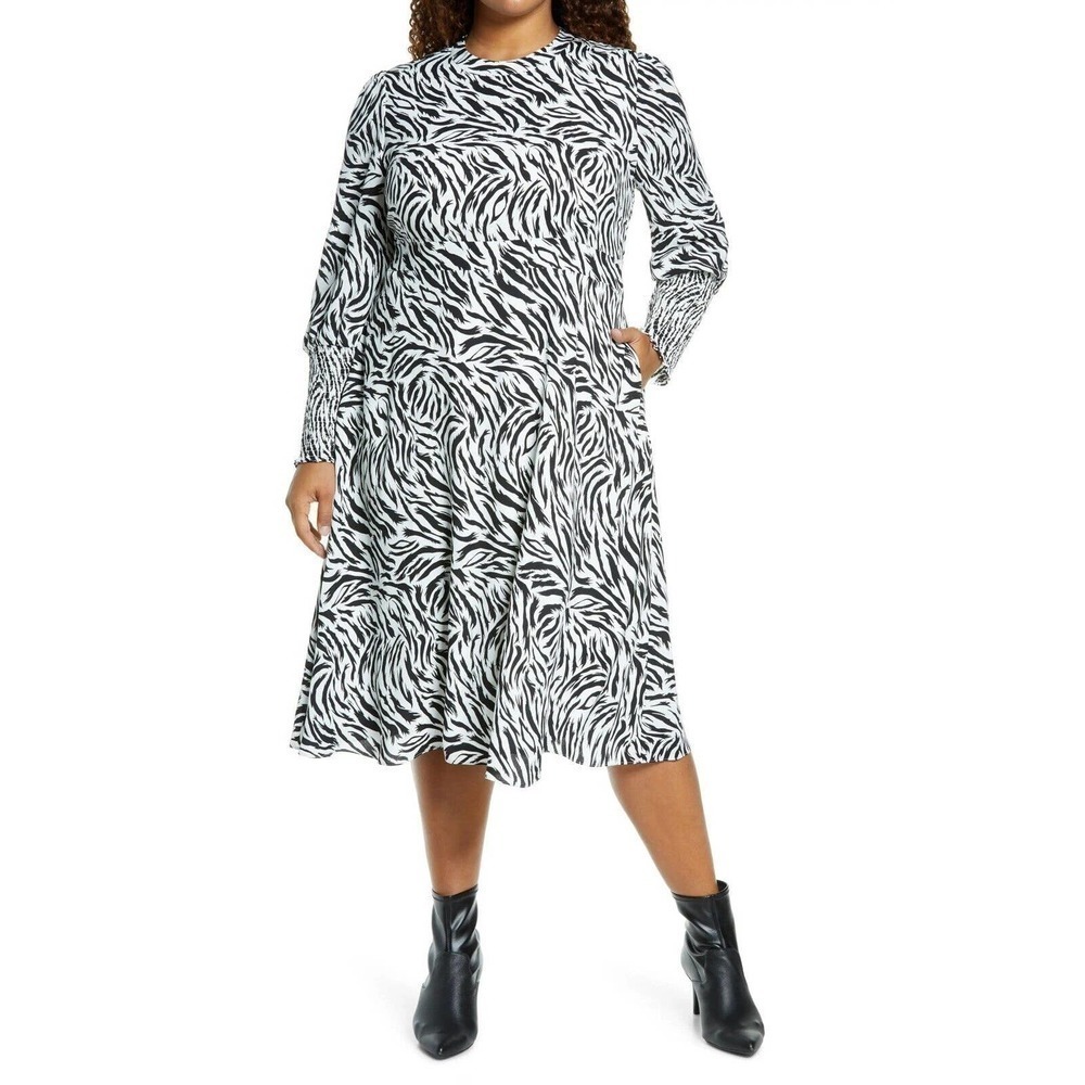 Halogen Tie Back Long Sleeve Dress Small S Ivory Black Feather Tiger Zebra